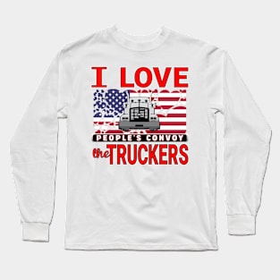 I LOVE THE TRUCKERS - PEOPLES CONVOY - USA FLAG OF HEARTS WITH RED LETTERS Long Sleeve T-Shirt